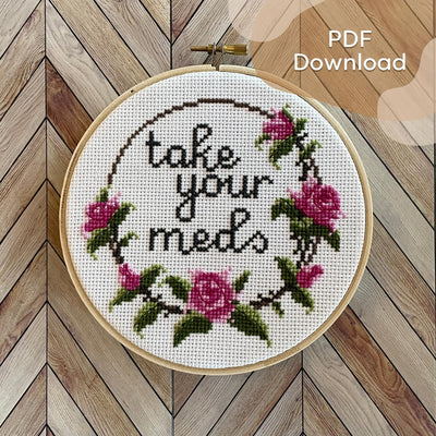 "Take Meds cross-stitch pattern